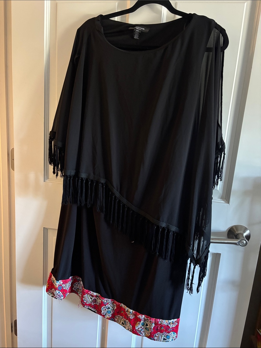 R&M Richards Black Asymmetrical Fringe Dress with Red Patterned Hem